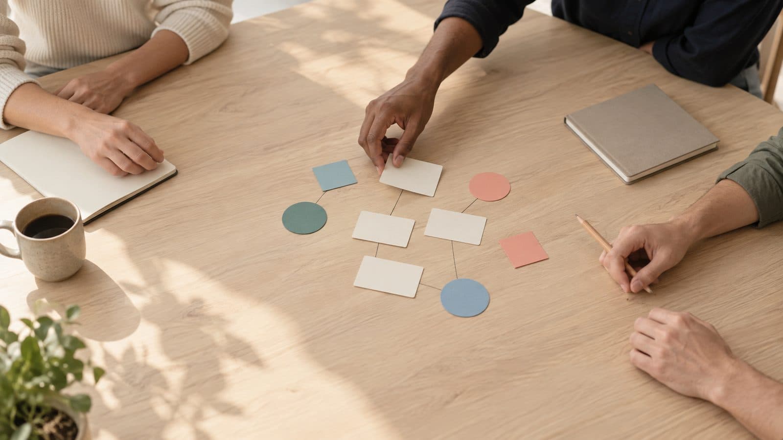 Des mains disposent des cartes et des formes colorées sur une table
